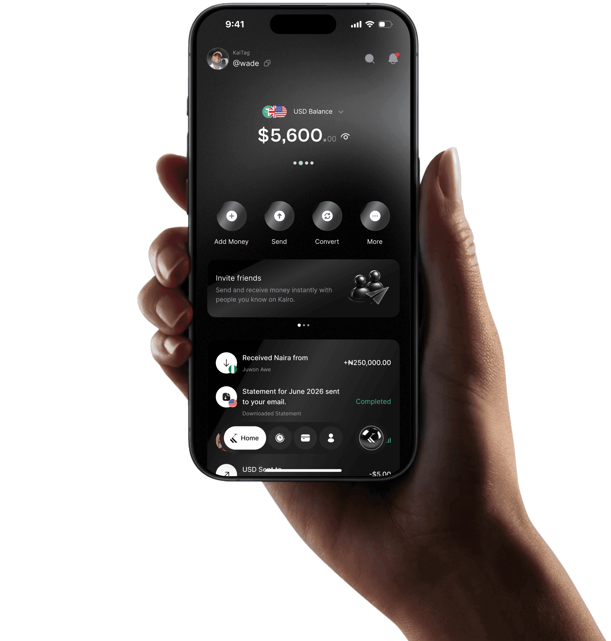 Hand holding a phone showing the Kairo app