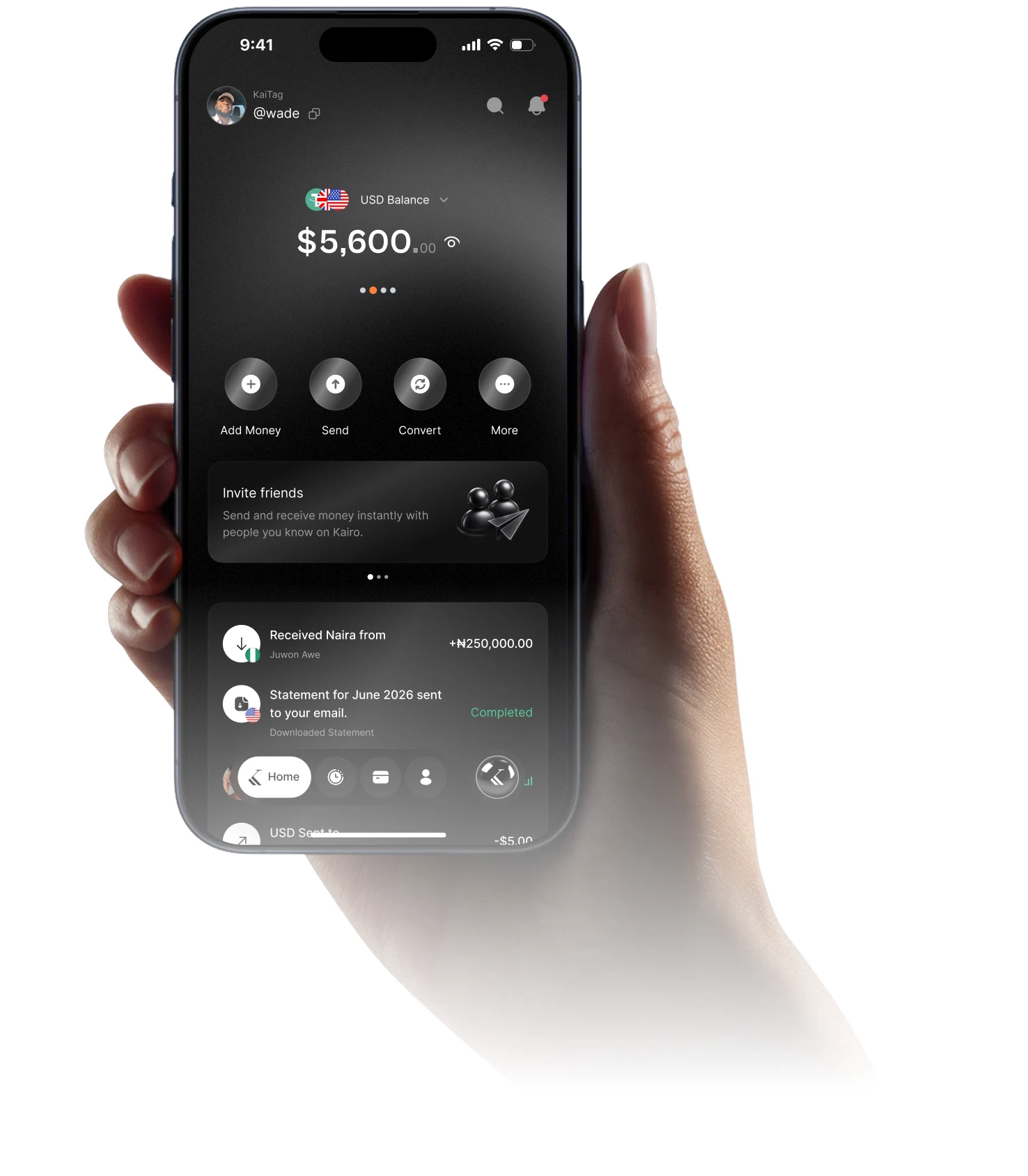 The Kairo app showing a USD balance, quick actions and recent transactions