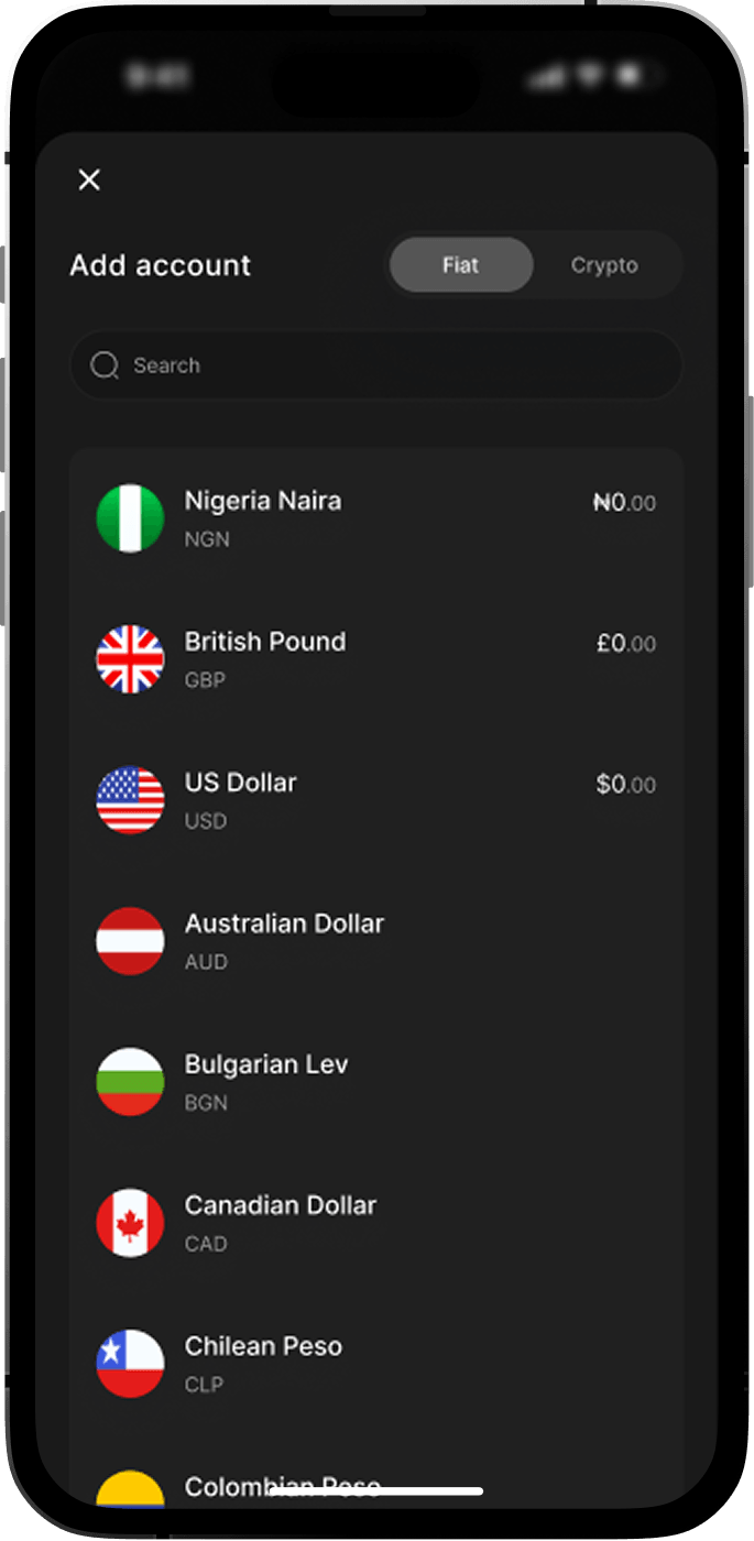 Adding a currency account in the Kairo app, listing Naira, Pound, Dollar and more