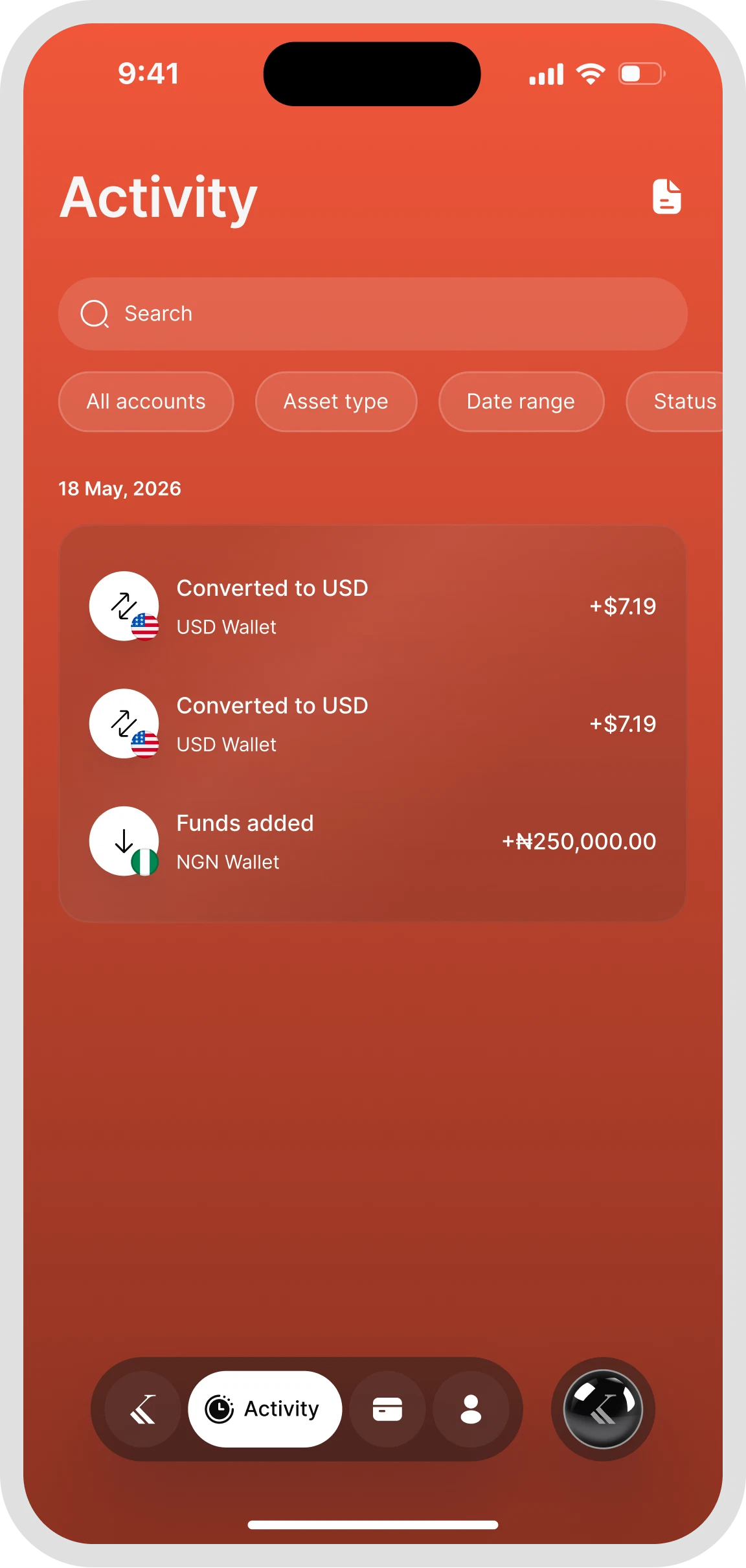 The Kairo app's Activity screen, listing conversions and funds added