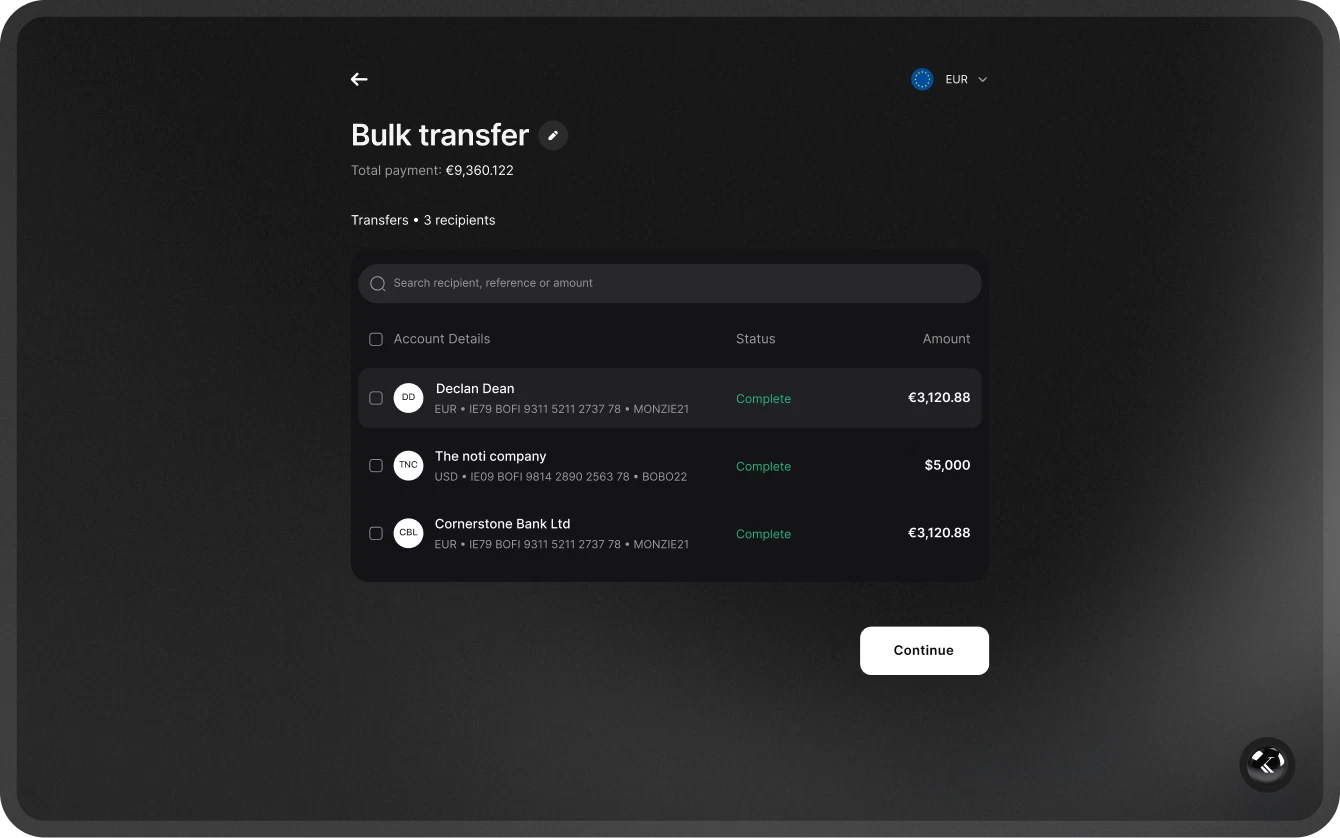 The Kairo bulk transfer screen, listing recipients and amounts for a batch