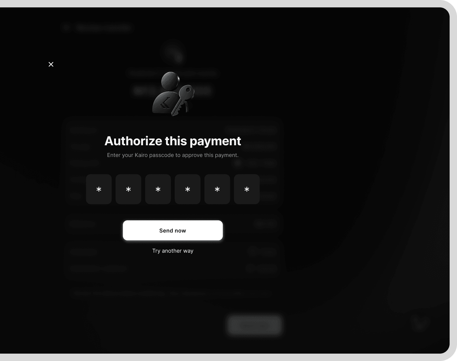 Kairo asking for a passcode to authorise a payment